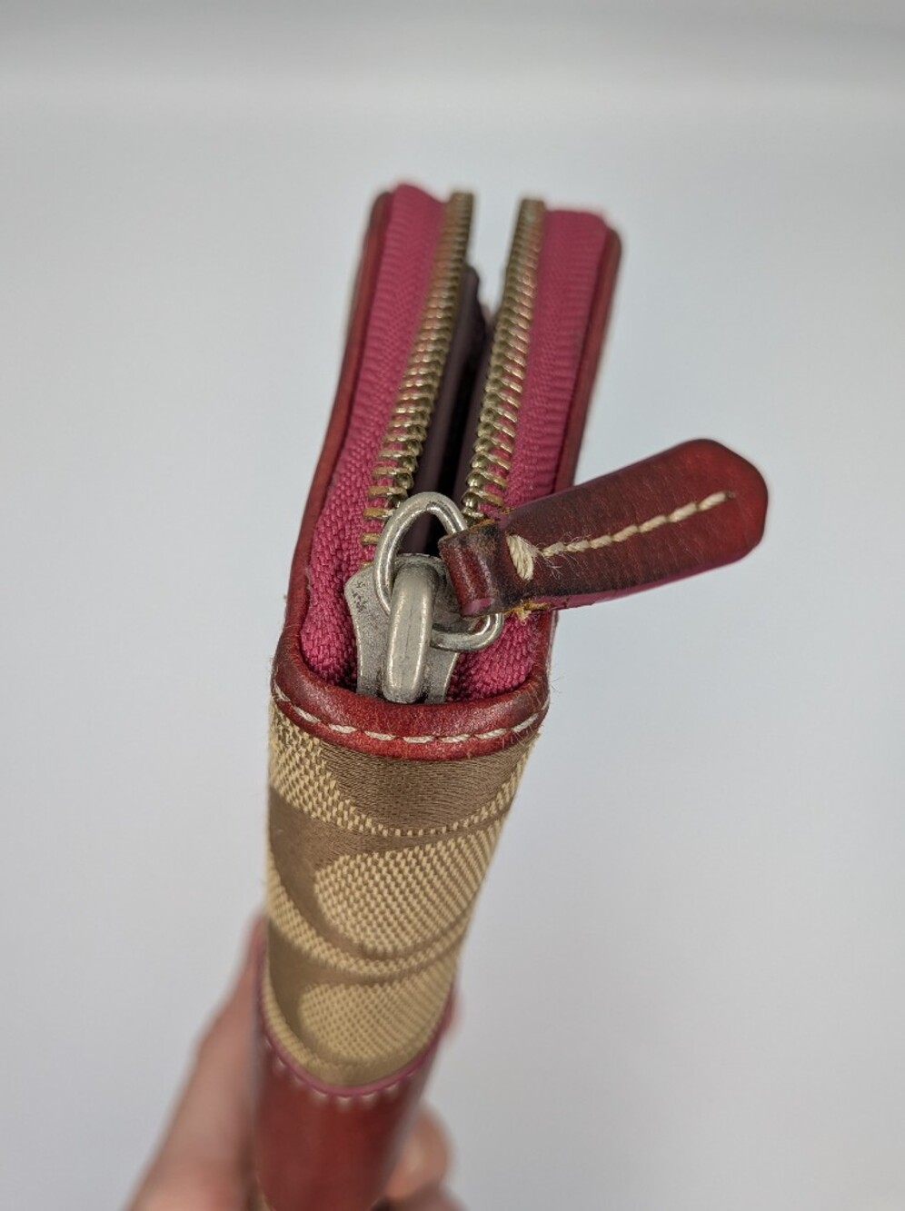 Coach Signature Canvas & Leather Wallet Burgundy Leather Zip Around Continental - Picture 11 of 16
